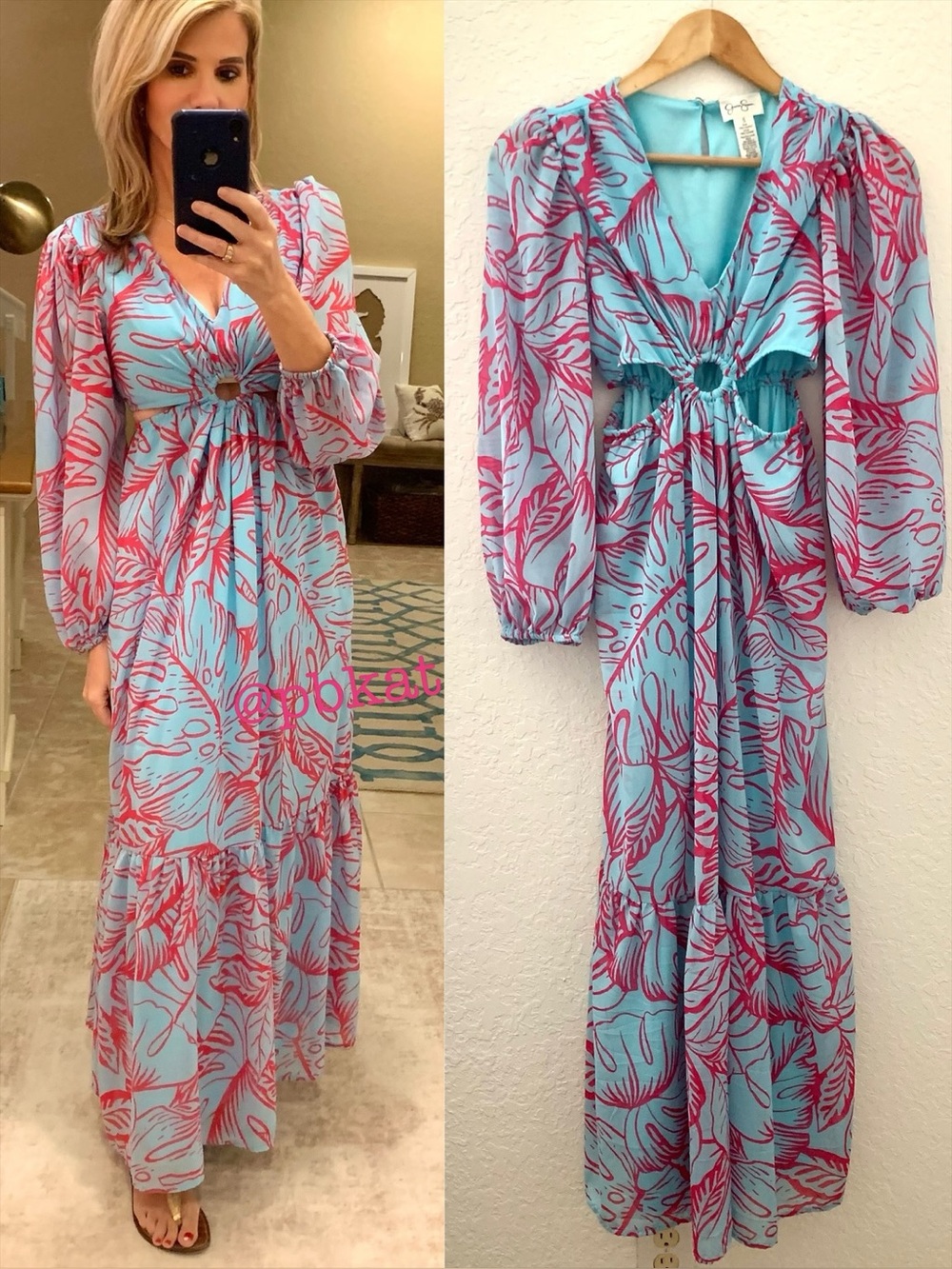 Jessica Simpson Aqua Turquoise Blue Puff Sleeve Palm Print Maxi Dress